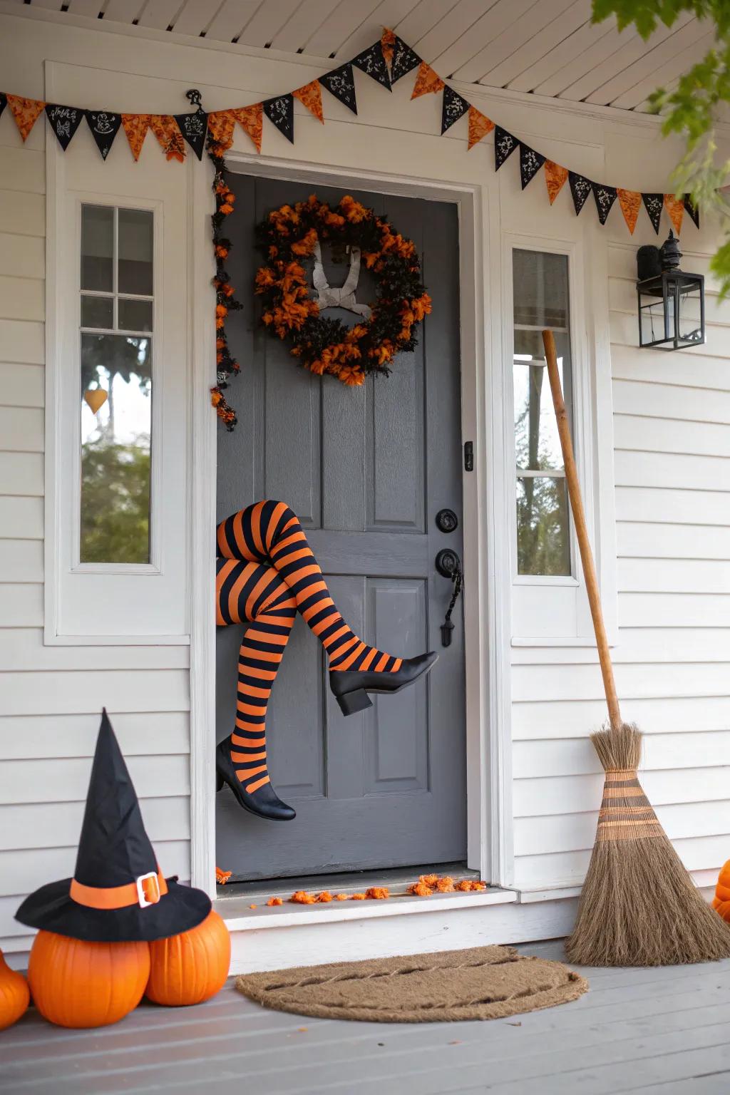 A whimsical fallen witch door decoration for Halloween.