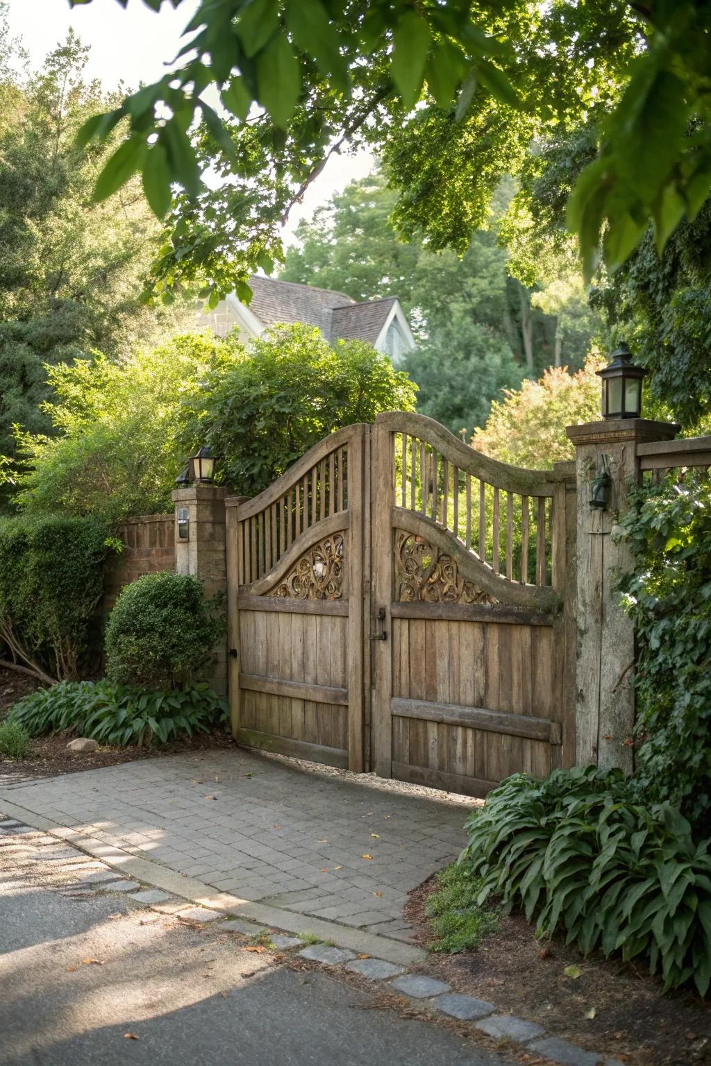 A classic wood double swing gate nestled in a vibrant residential setting.
