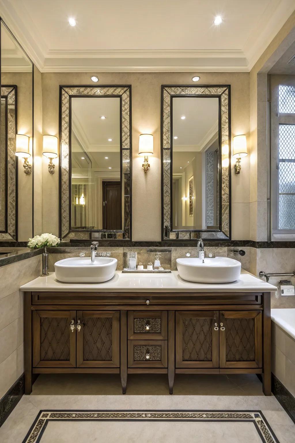 A symmetrical double vanity setup with matching elements.