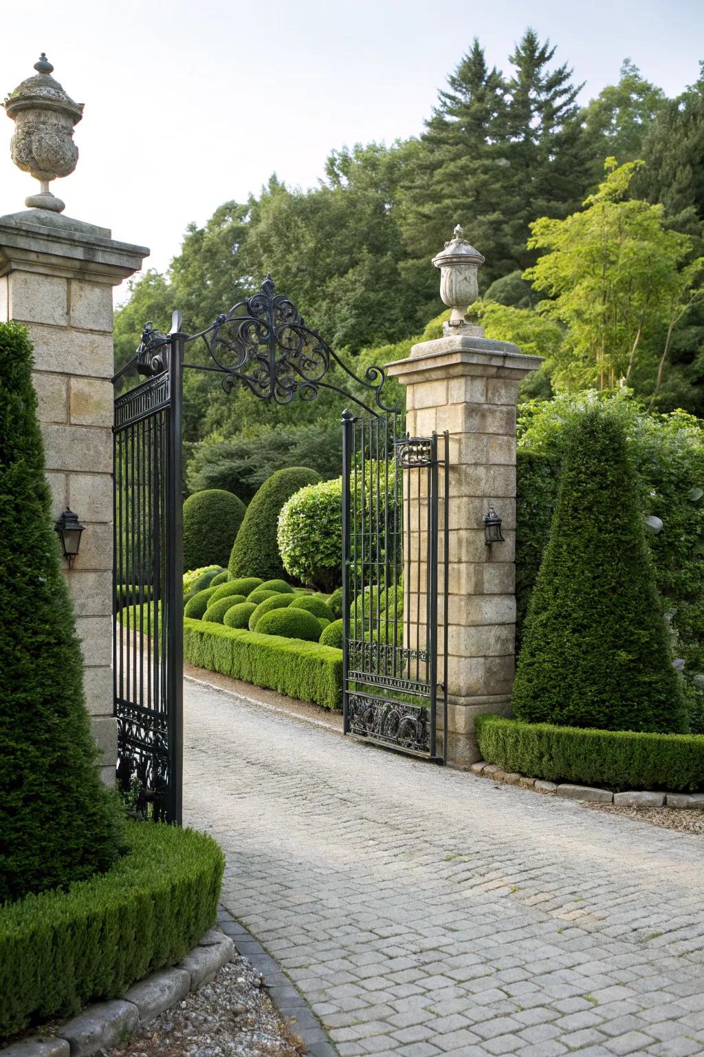 A classic wrought iron gate creates an elegant and secure entrance.