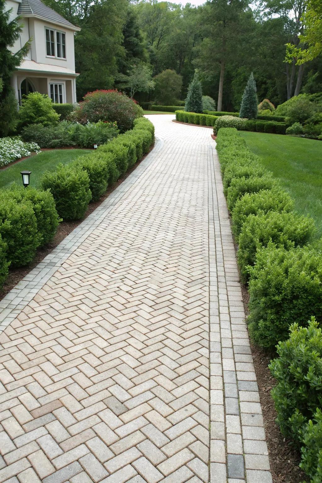 A driveway featuring a herringbone design adds an elegant and charming touch.