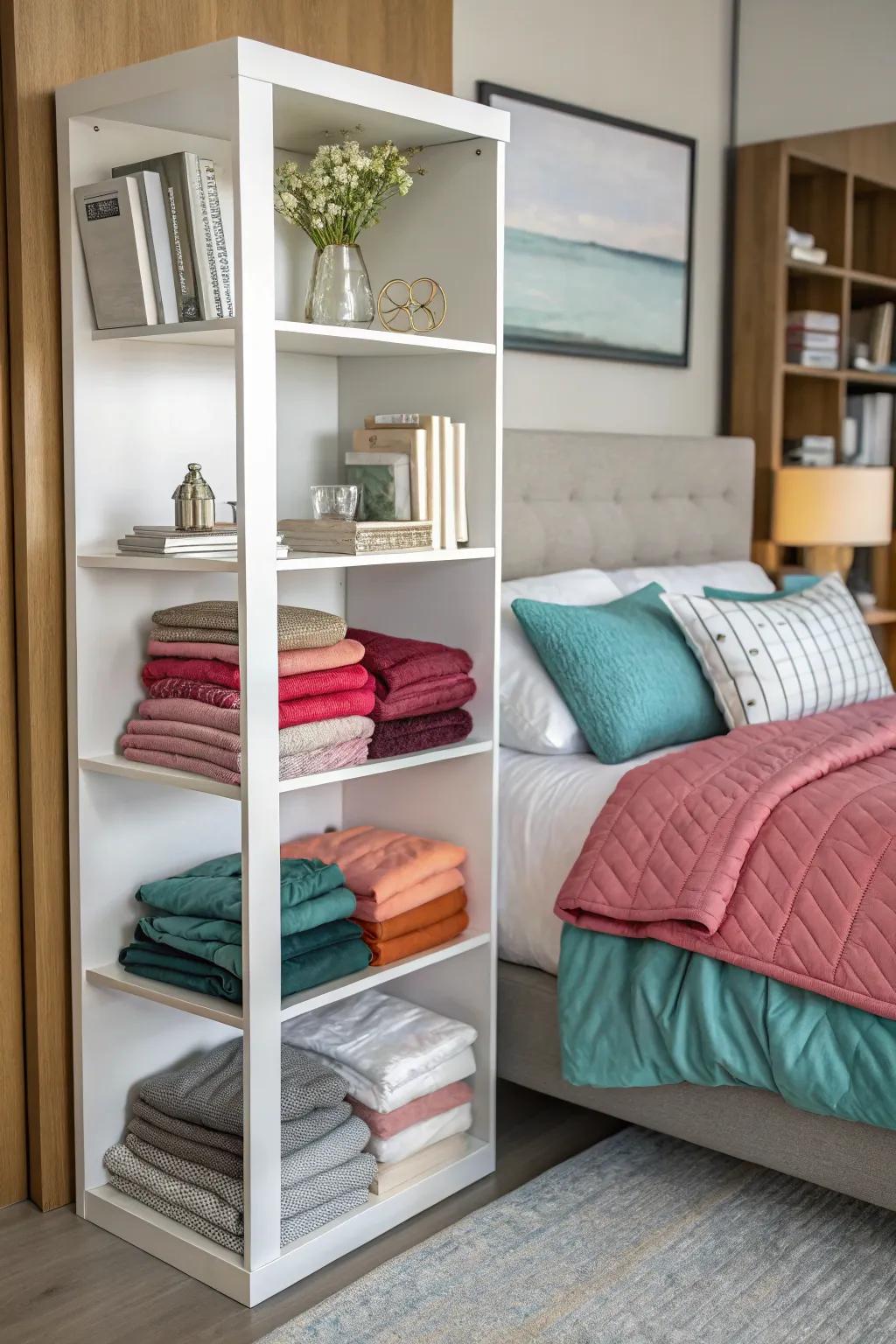 Duvets neatly stacked on a contemporary shelving unit.