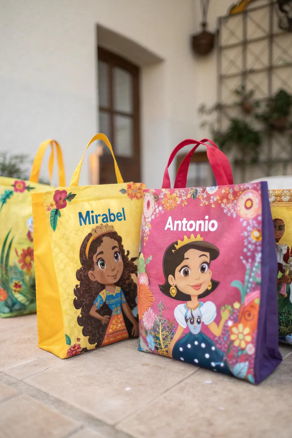 Personalized Encanto character bags adorned with each guest's name.