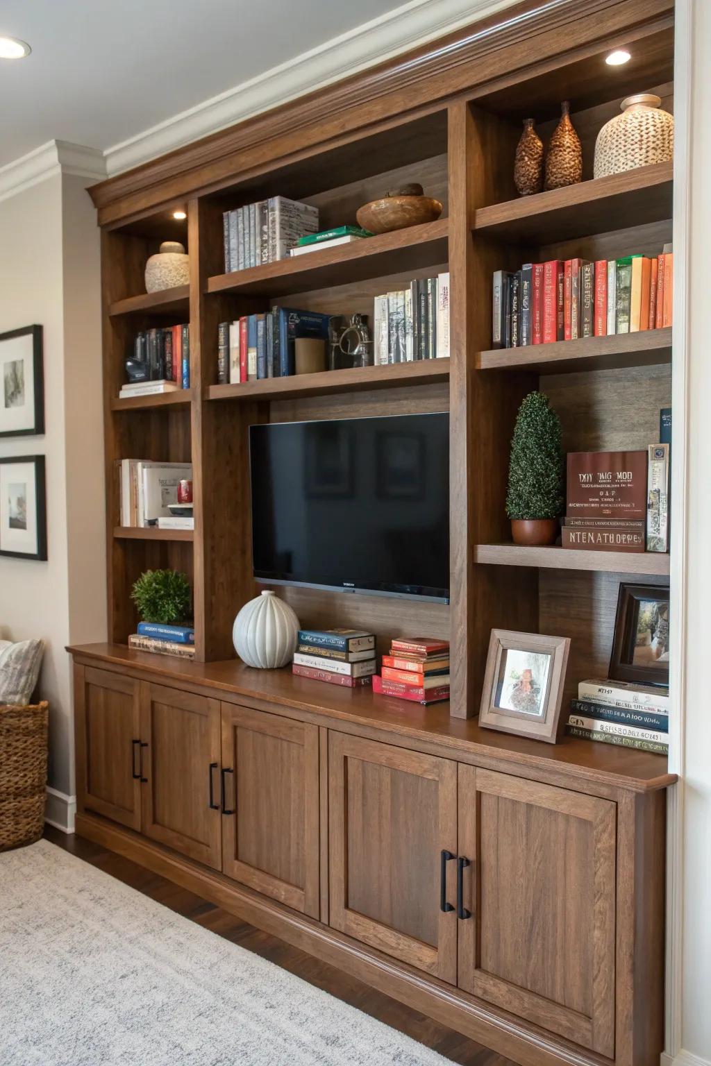 A built-in entertainment center with a mix of books and decor.