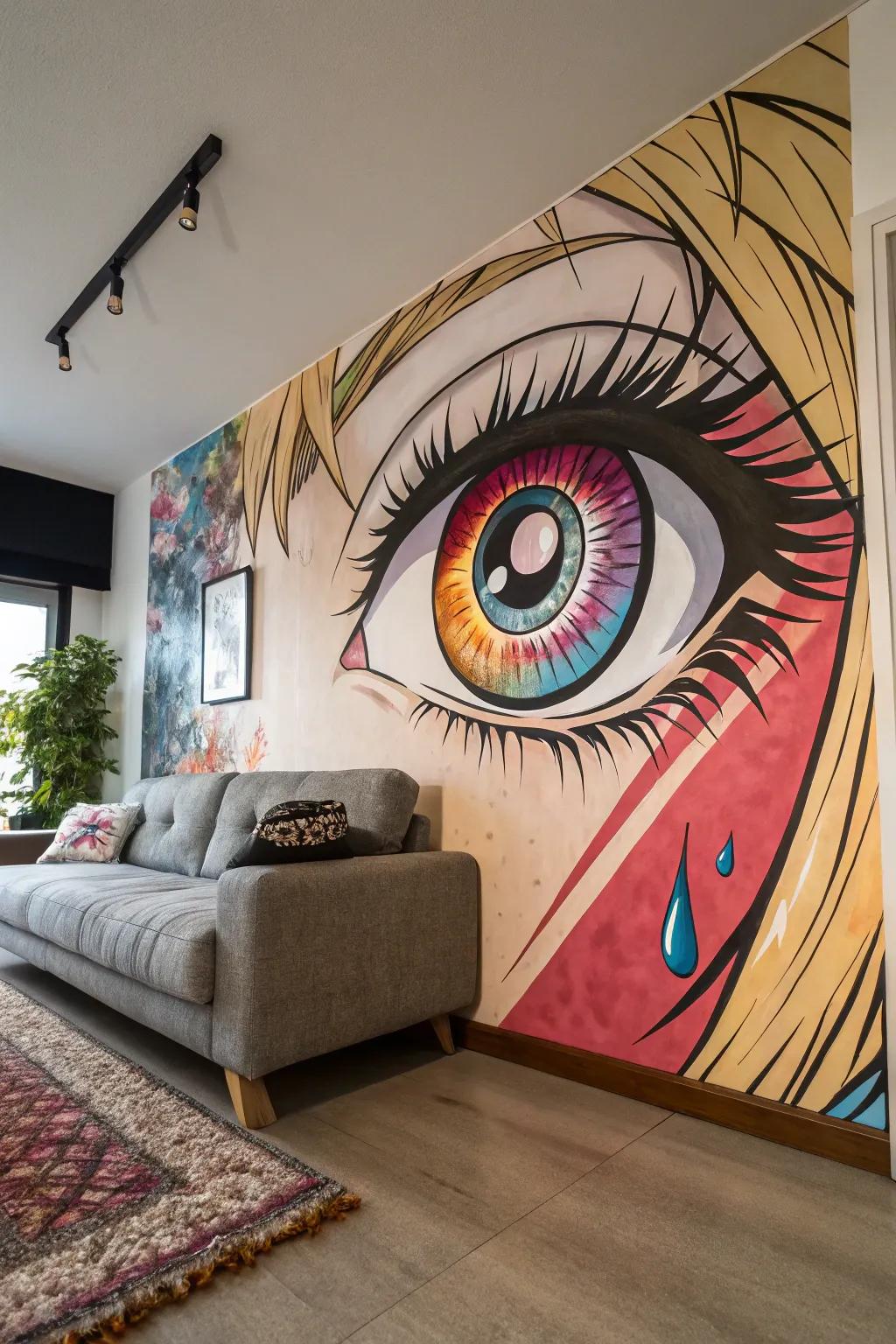 An anime eye portrait adds a vibrant splash of color and undeniable intrigue to the space.