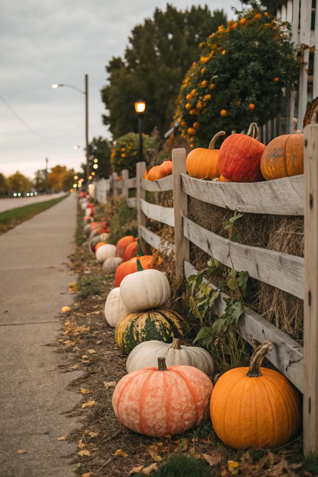 A variety of pumpkins line a fence, offering a festive fall display.