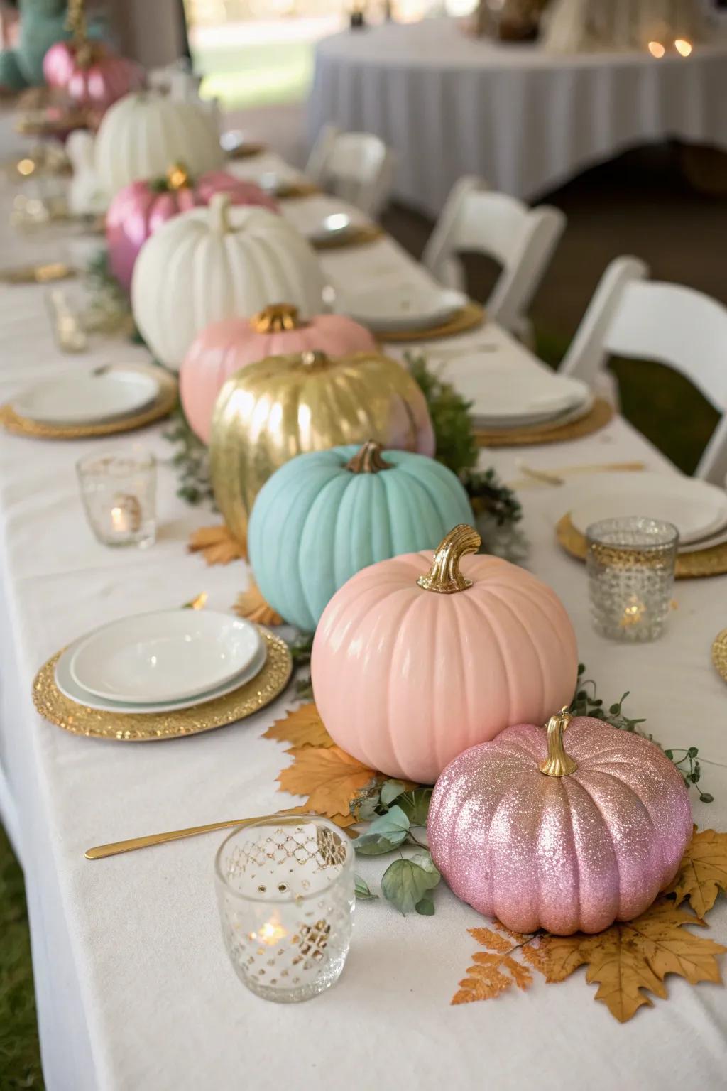 Chic pumpkin centerpieces painted in metallic and pastel hues, perfect for a unique fall wedding.