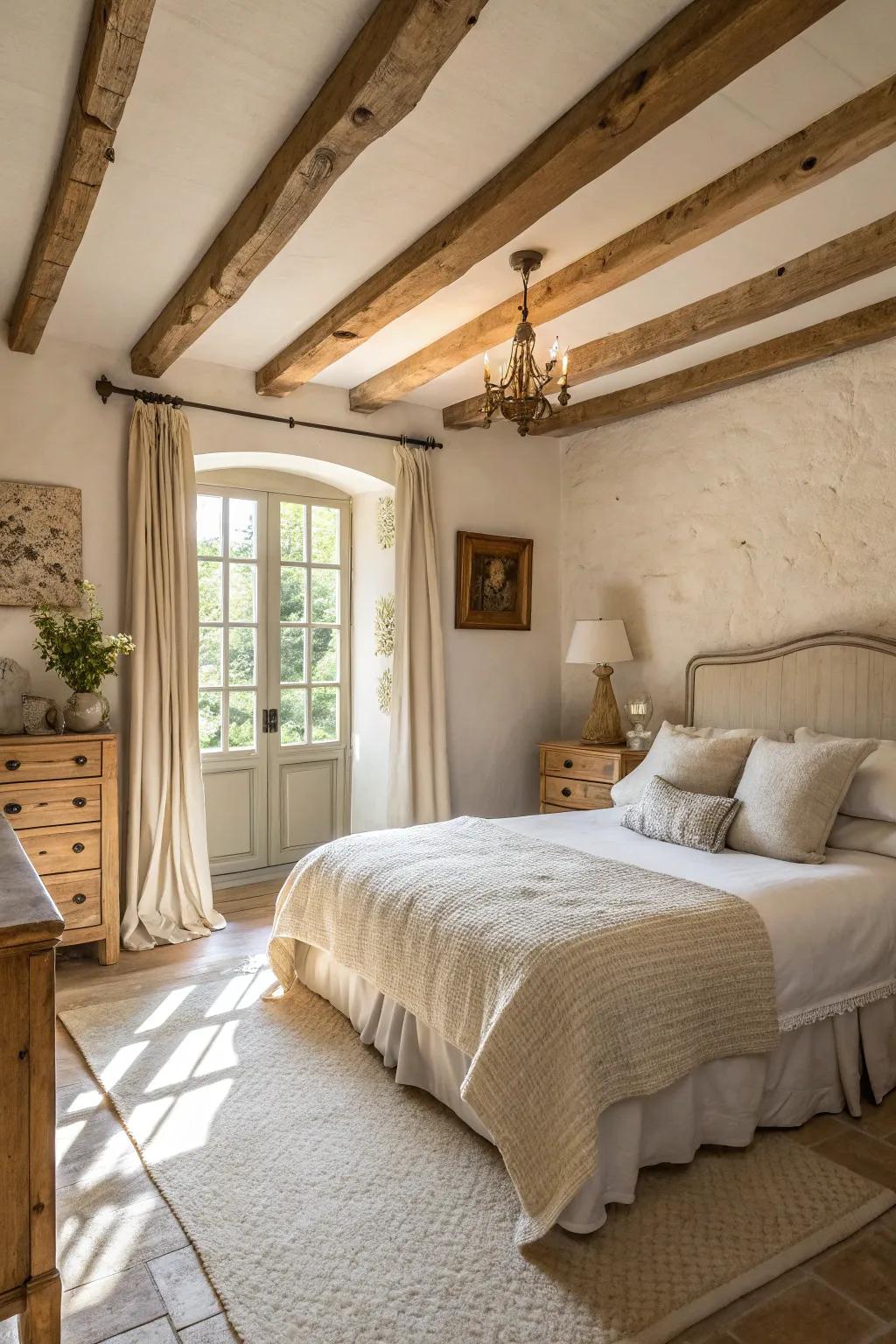 A sunlit and expansive farmhouse bedroom showcasing a calming neutral palette.