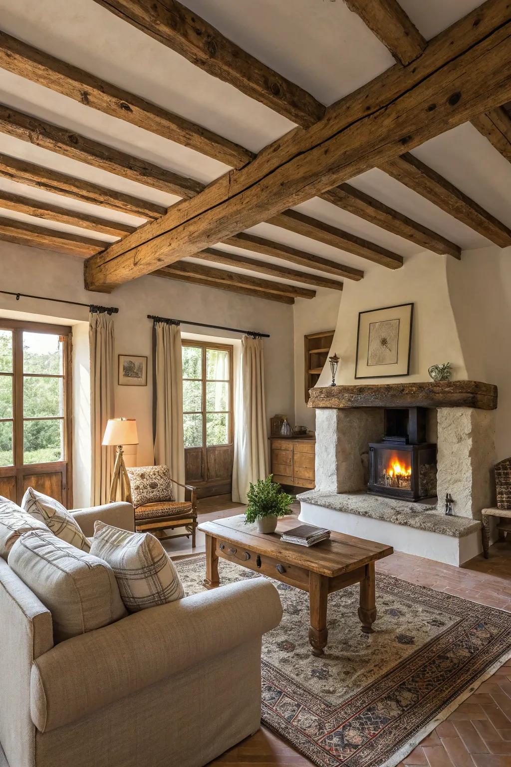 Exposed wooden beams add warmth and rustic charm to this farmhouse living room.