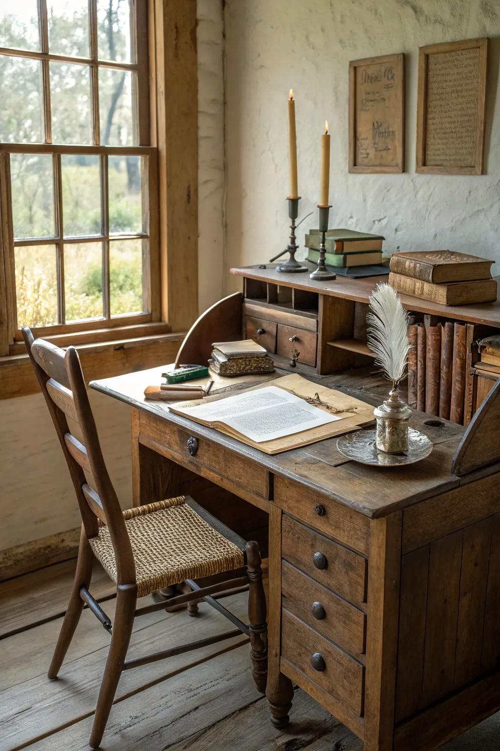 Rustic wooden desk and chair add vintage charm.