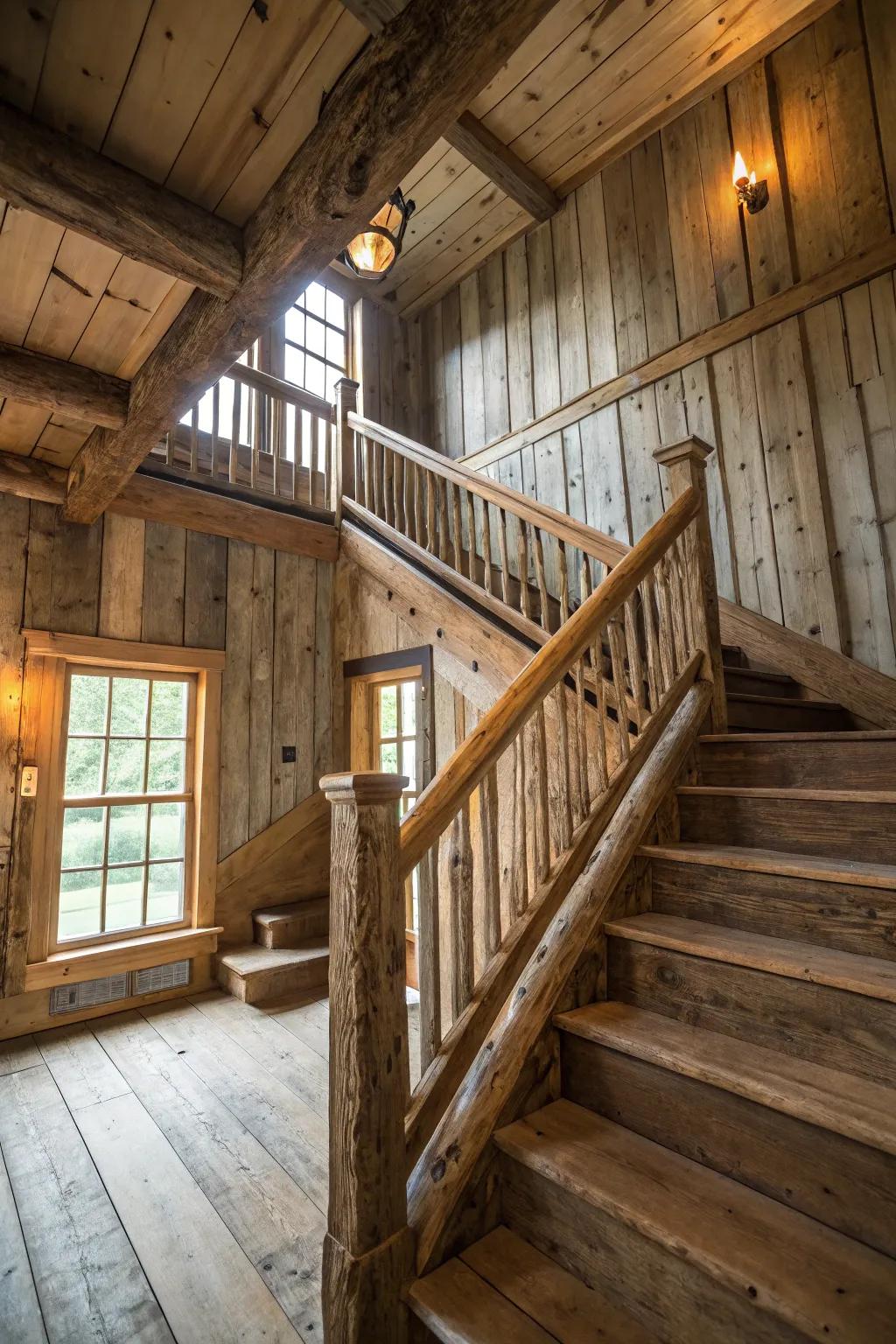 Reclaimed wood railing brings warmth and history to your home.