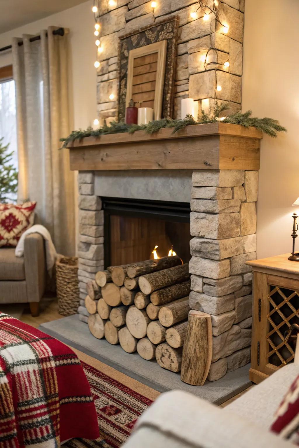 A faux fireplace filled with artfully arranged birch logs.