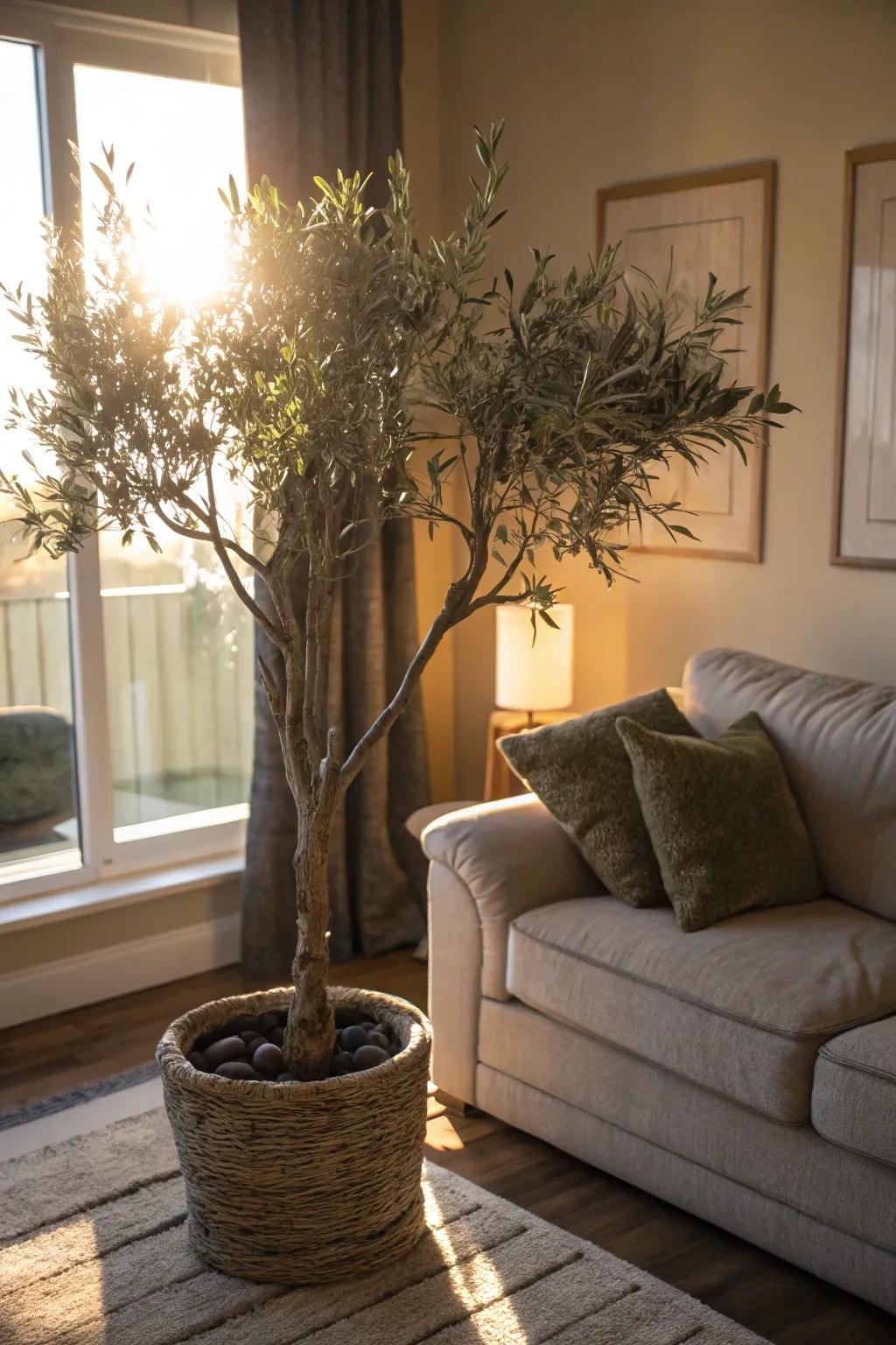 Create a living room oasis with a faux olive tree.