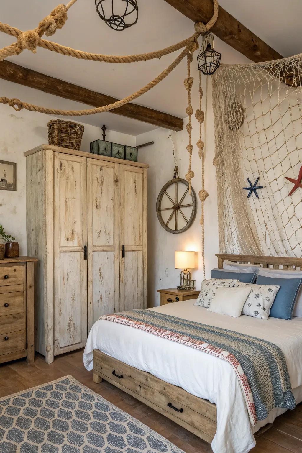 Wooden furniture brings a rustic touch to your fishing-themed bedroom.