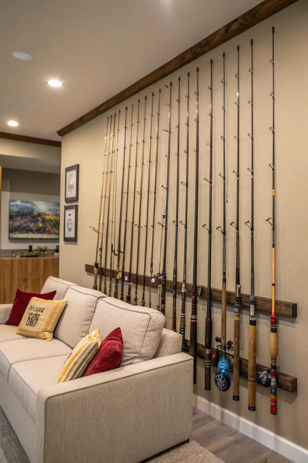 Fishing rods artfully displayed create a rustic gallery wall.