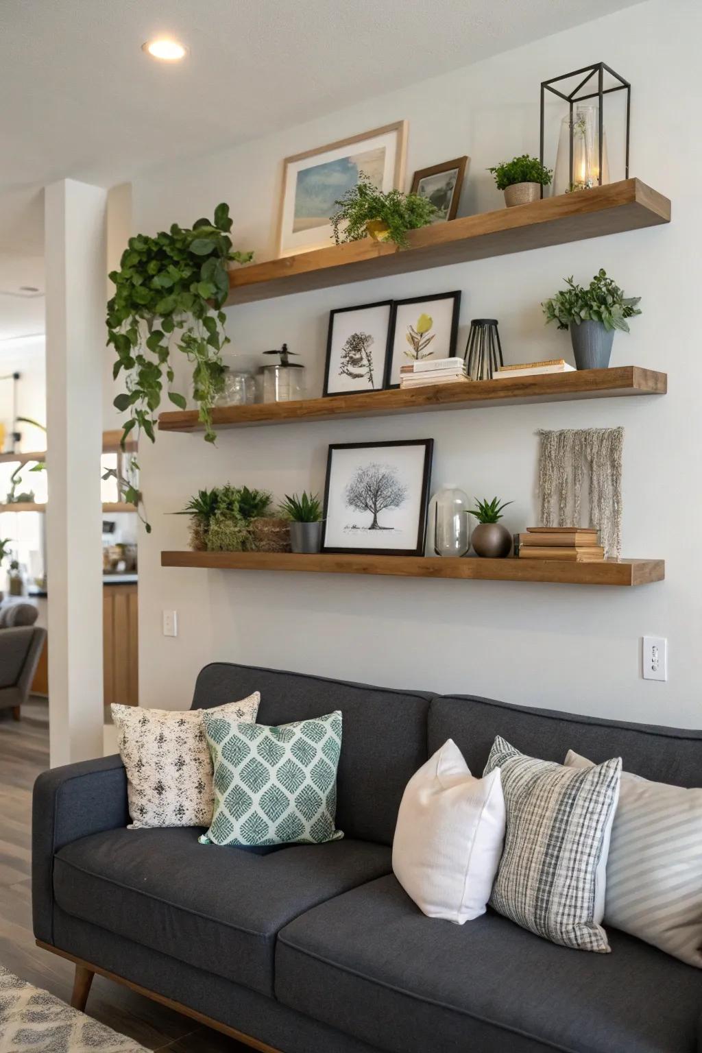 Floating shelves above a sofa add charm and practicality.