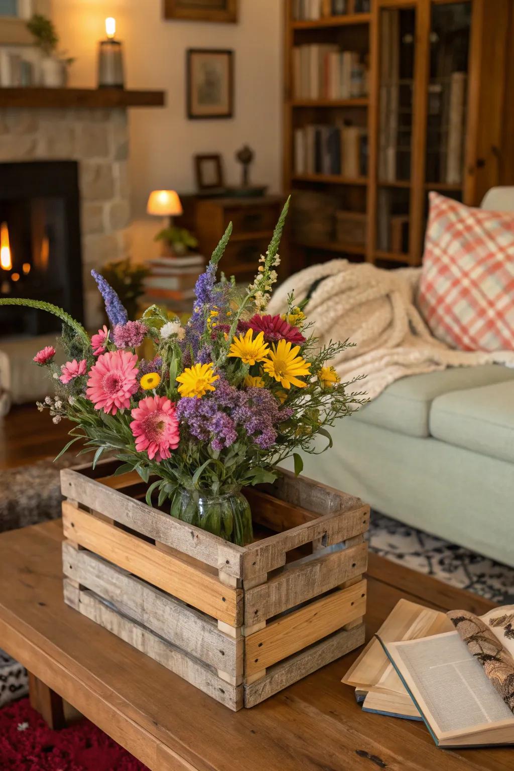 A rustic wooden crate brings a cozy charm to any room.