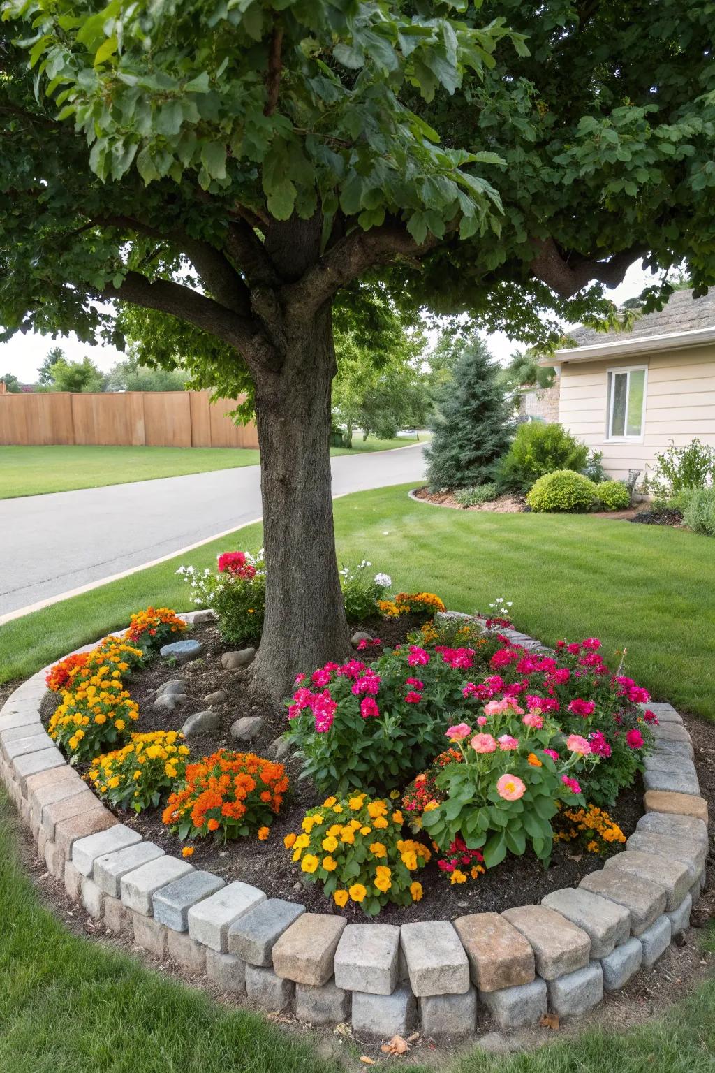 A tree encircled by an elegant stone border, enhancing the garden's charm.