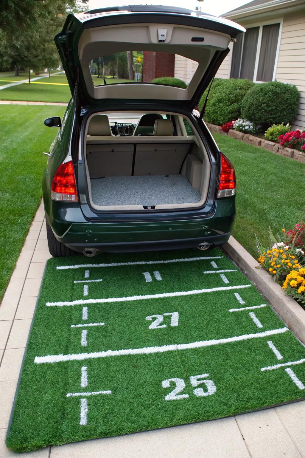 Transform your trunk into a tiny football field with green turf and white yard lines.