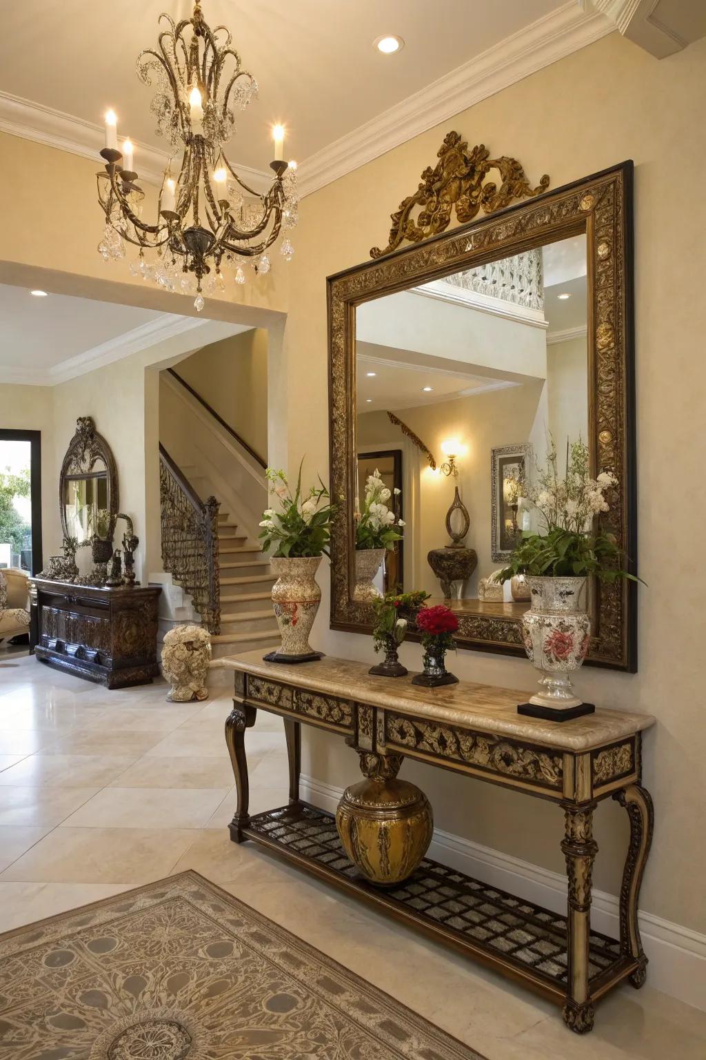 A foyer featuring a grand mirror that enhances light and space.