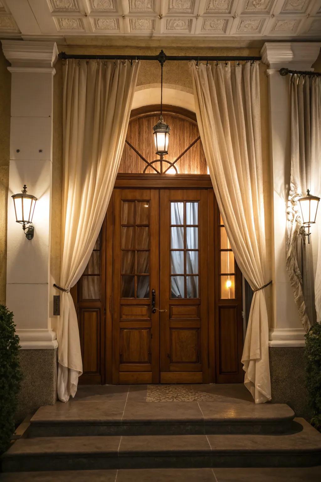 A traditional wooden door paired with gracefully flowing curtains.