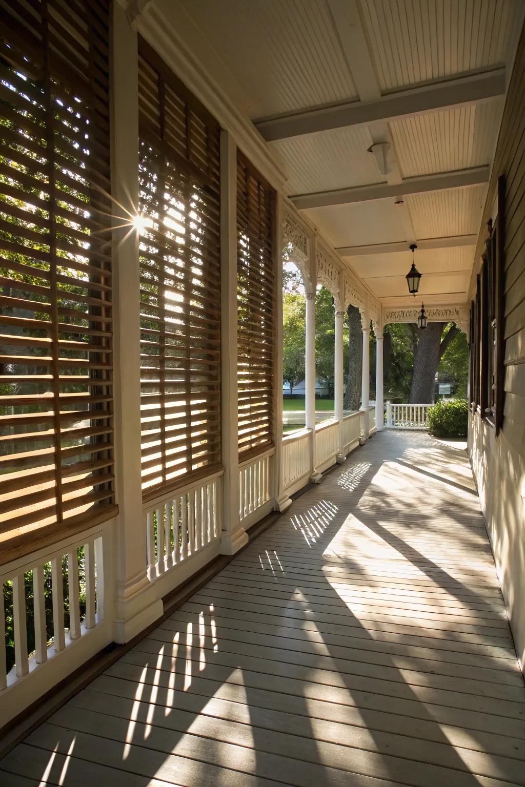 Elegant wooden slat screens providing partial privacy and aesthetic appeal.
