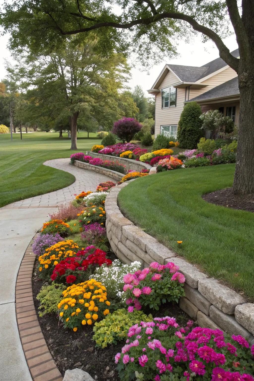 Curved flower beds add a natural flow to this vibrant front yard.