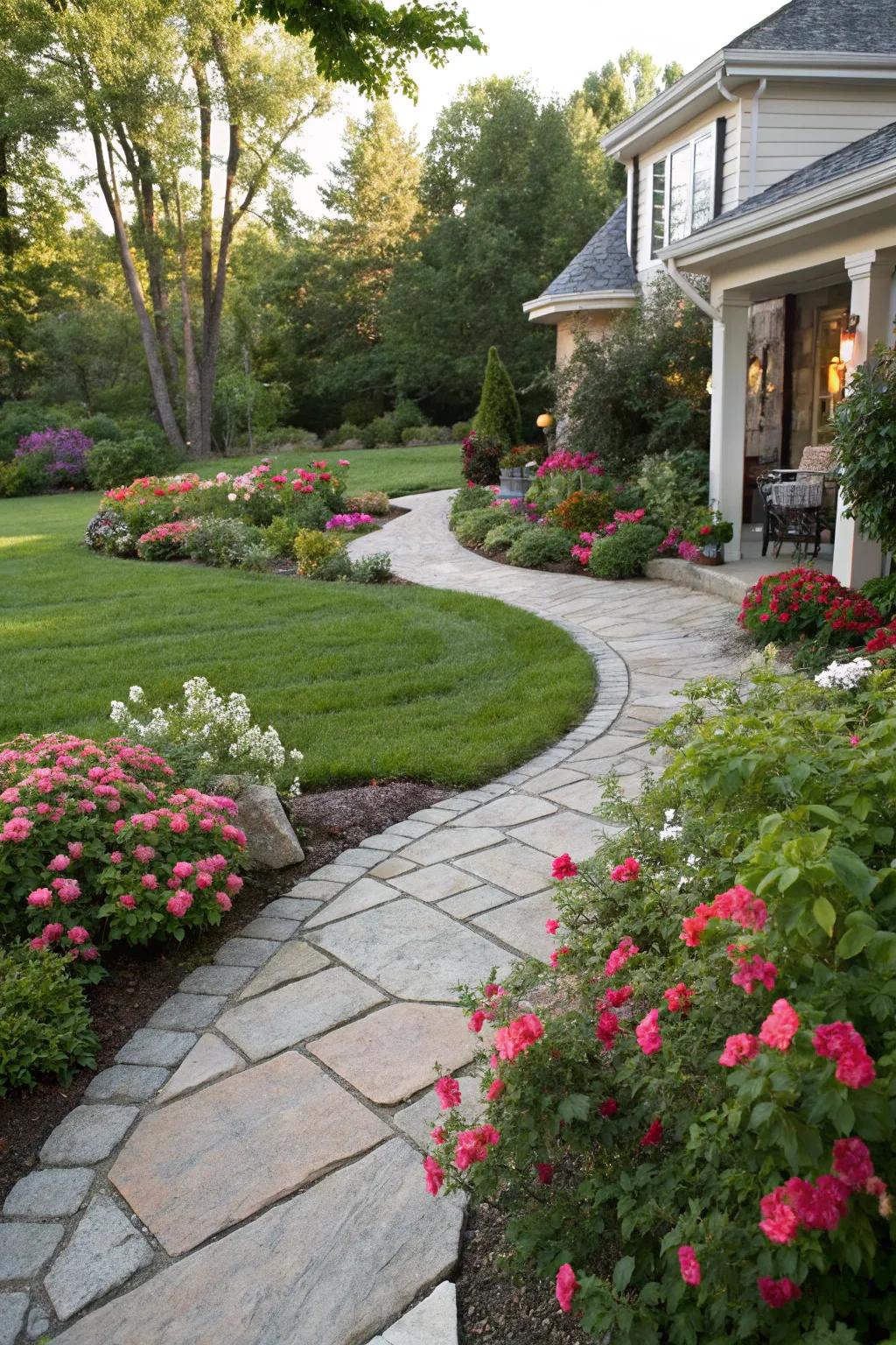 A charming stone pathway winds through a lush front yard garden.