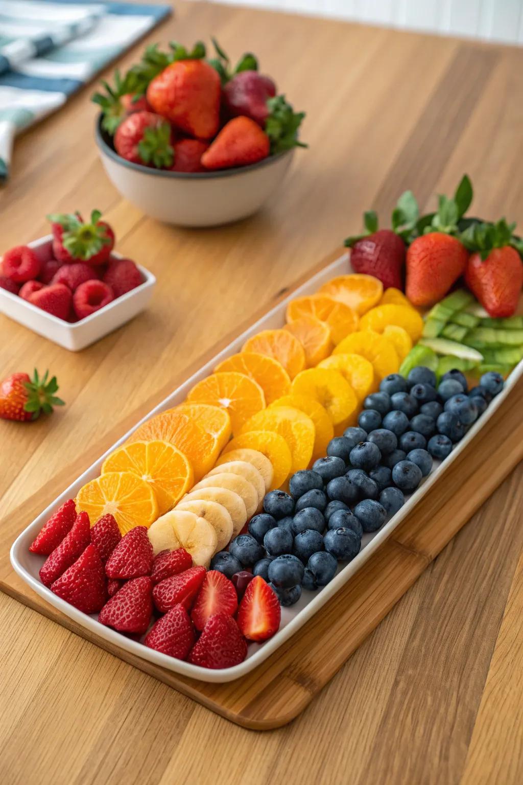 A fruit tray that captures the colors of the rainbow beautifully.