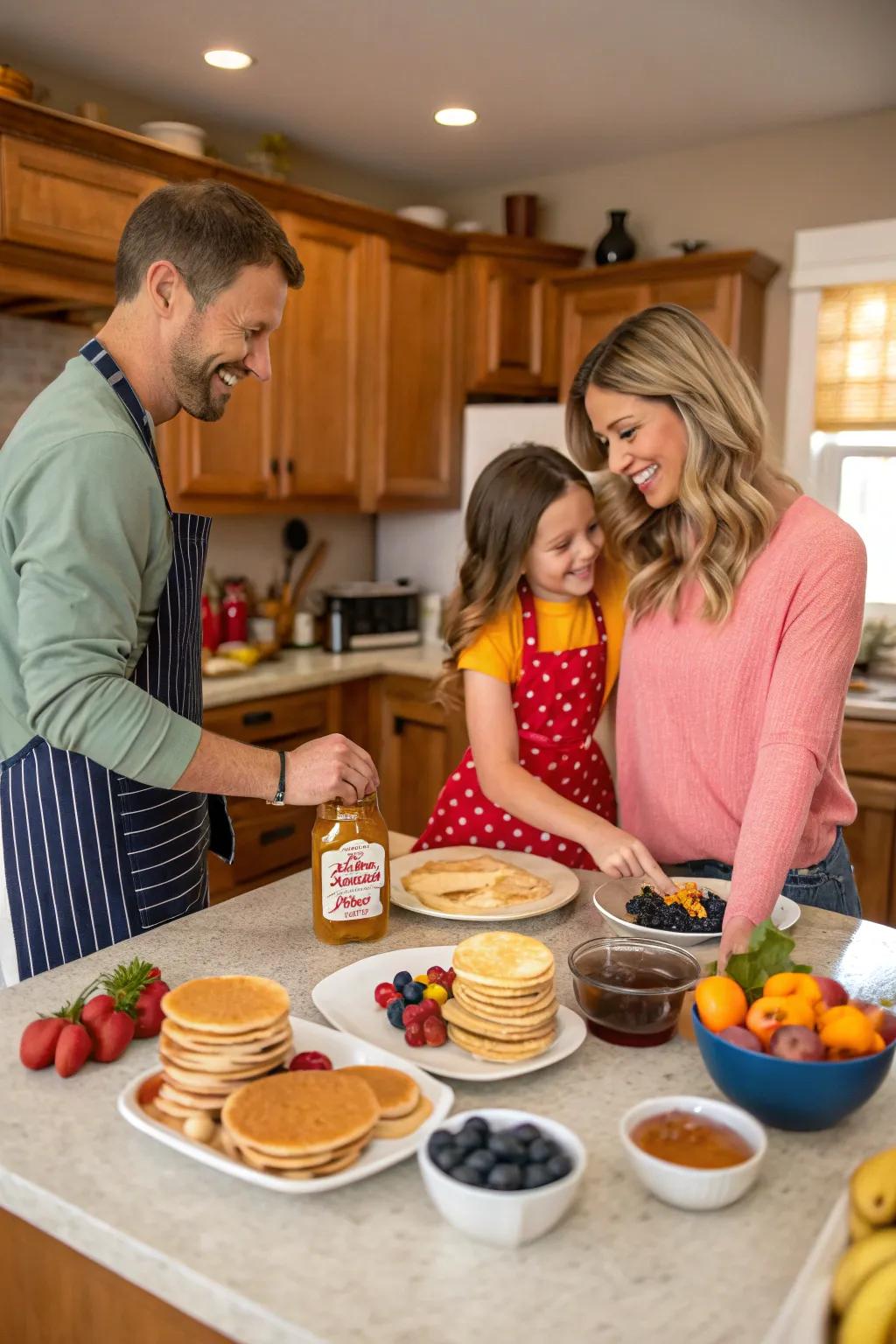 Family bonding over a pancake-making session filled with laughter and learning.