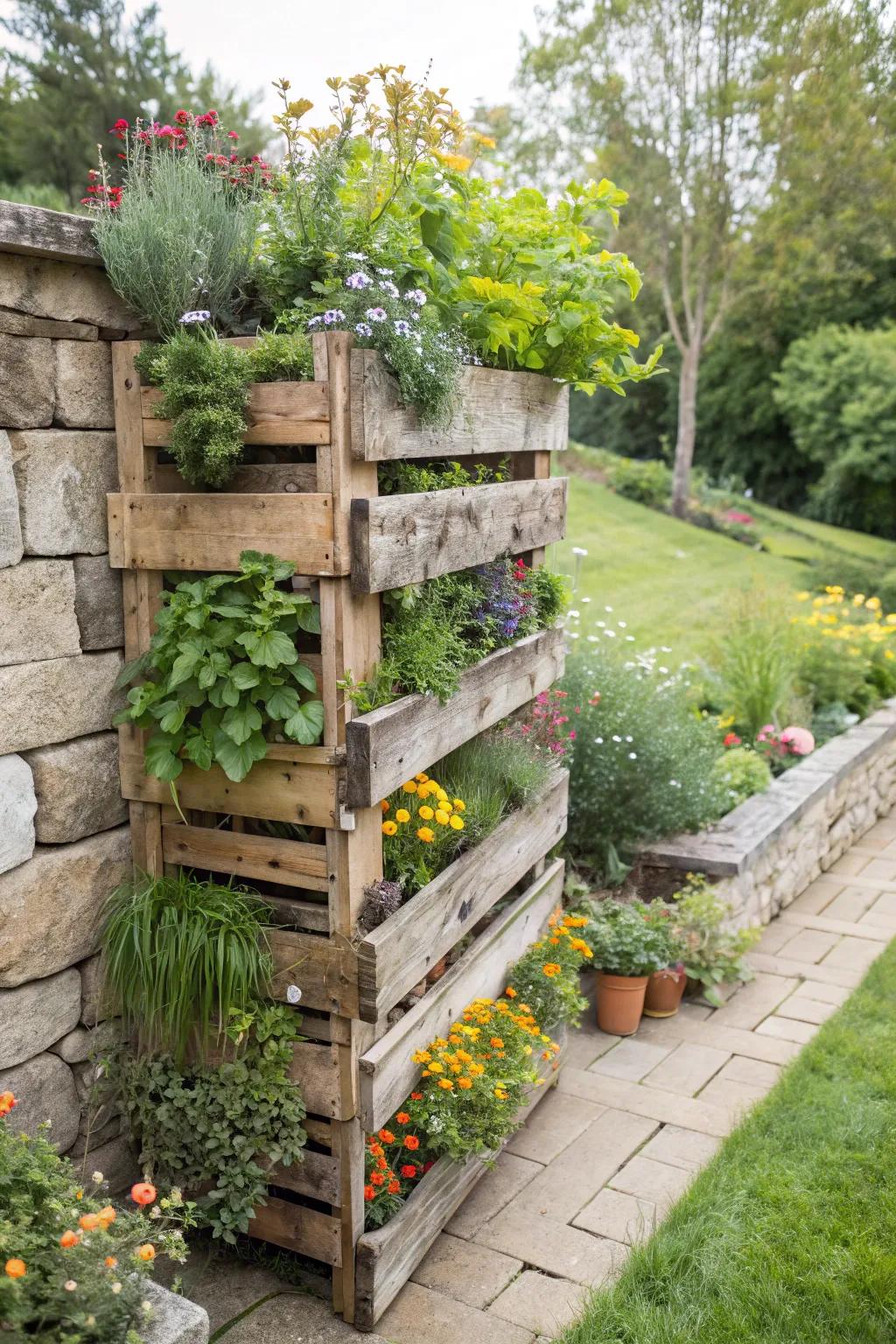 A creative vertical garden using repurposed pallets.