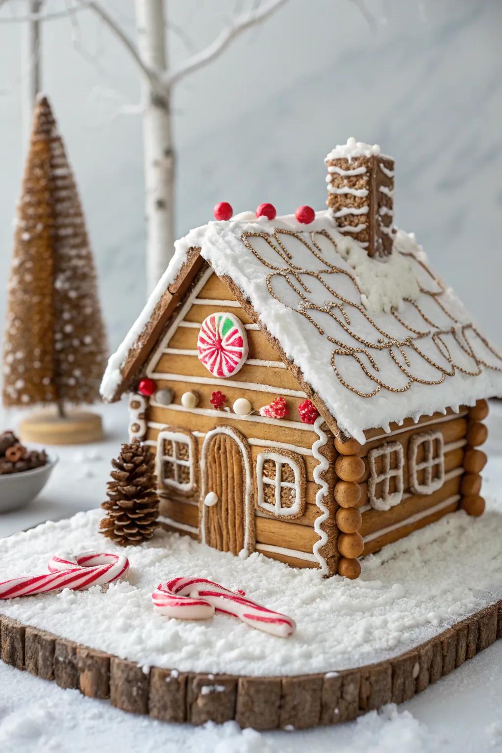 A gingerbread house showcasing snack log details that evoke the essence of a woodsy cabin.