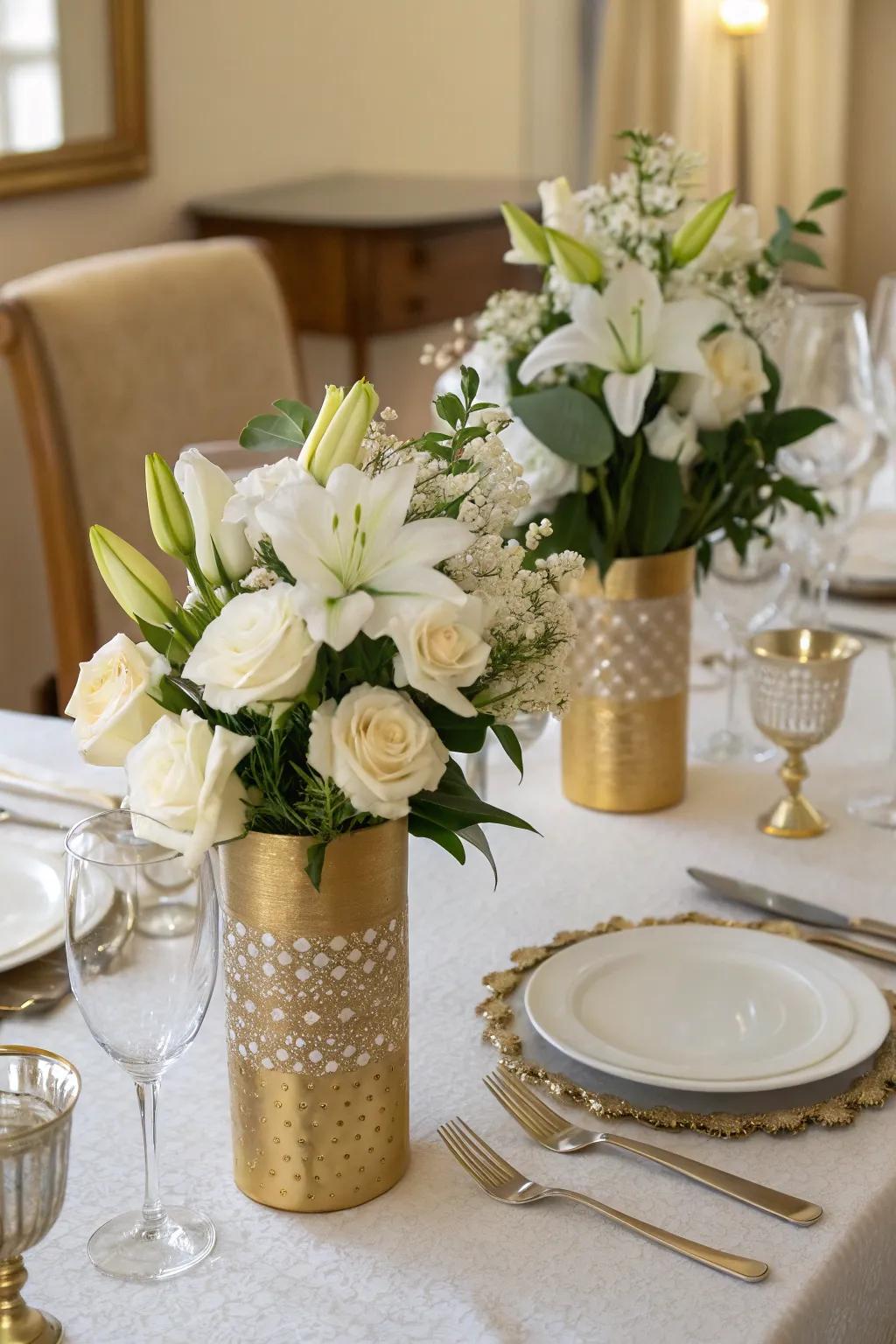Timeless beauty with golden flower holders and pure white blooms.