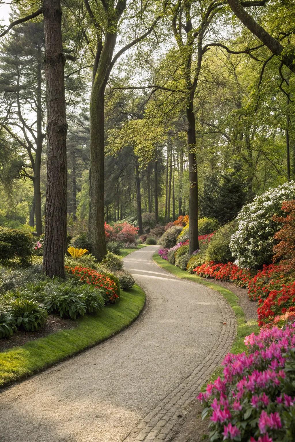 A gracefully curved gravel path leading through a picturesque garden.