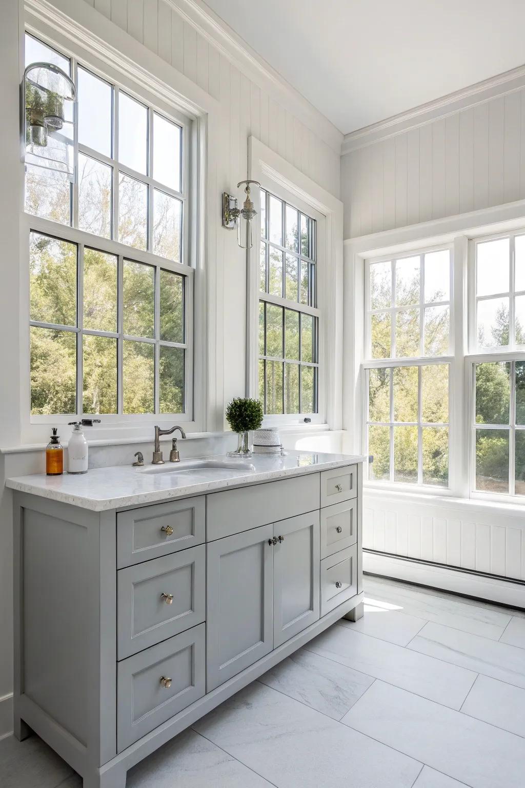 A light gray vanity in a bright bathroom, showcasing the beauty of natural light.