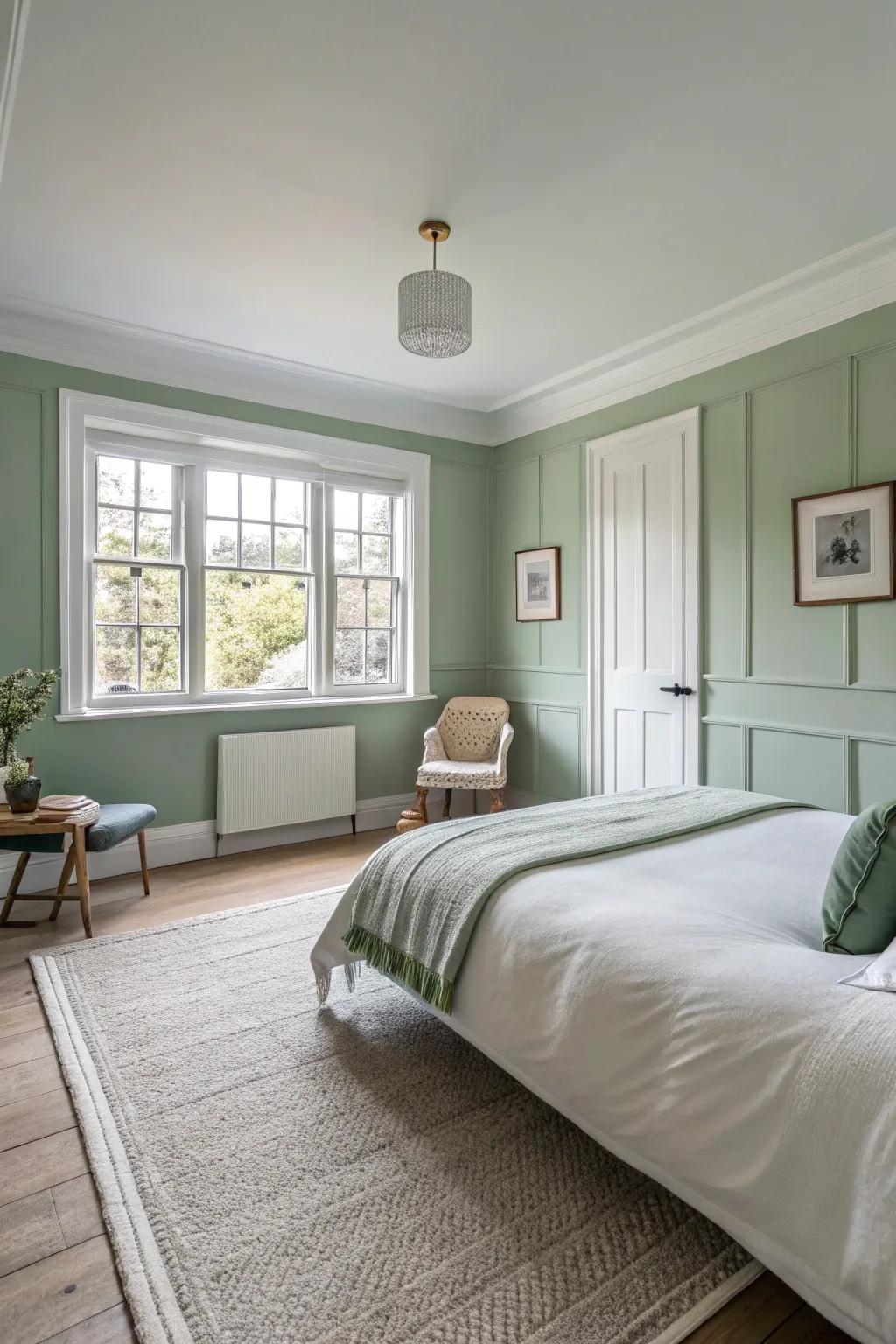 Sage green walls paired with white trim create a serene backdrop.