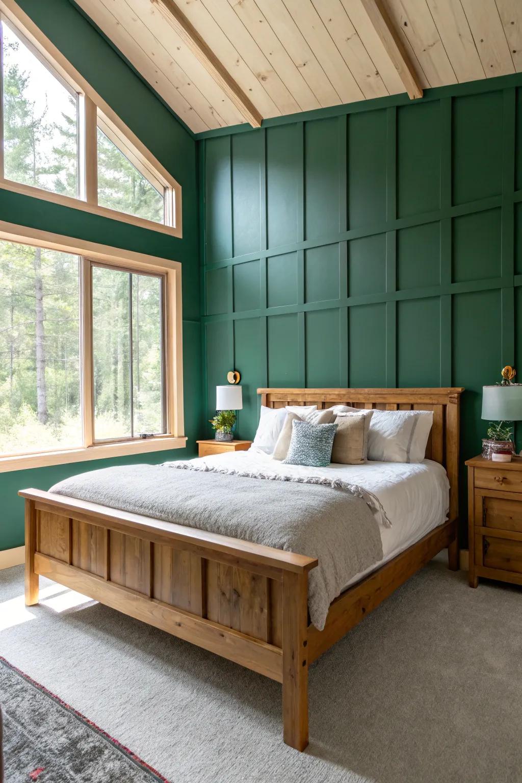 A bold deep green accent wall provides a striking backdrop for this serene bedroom.