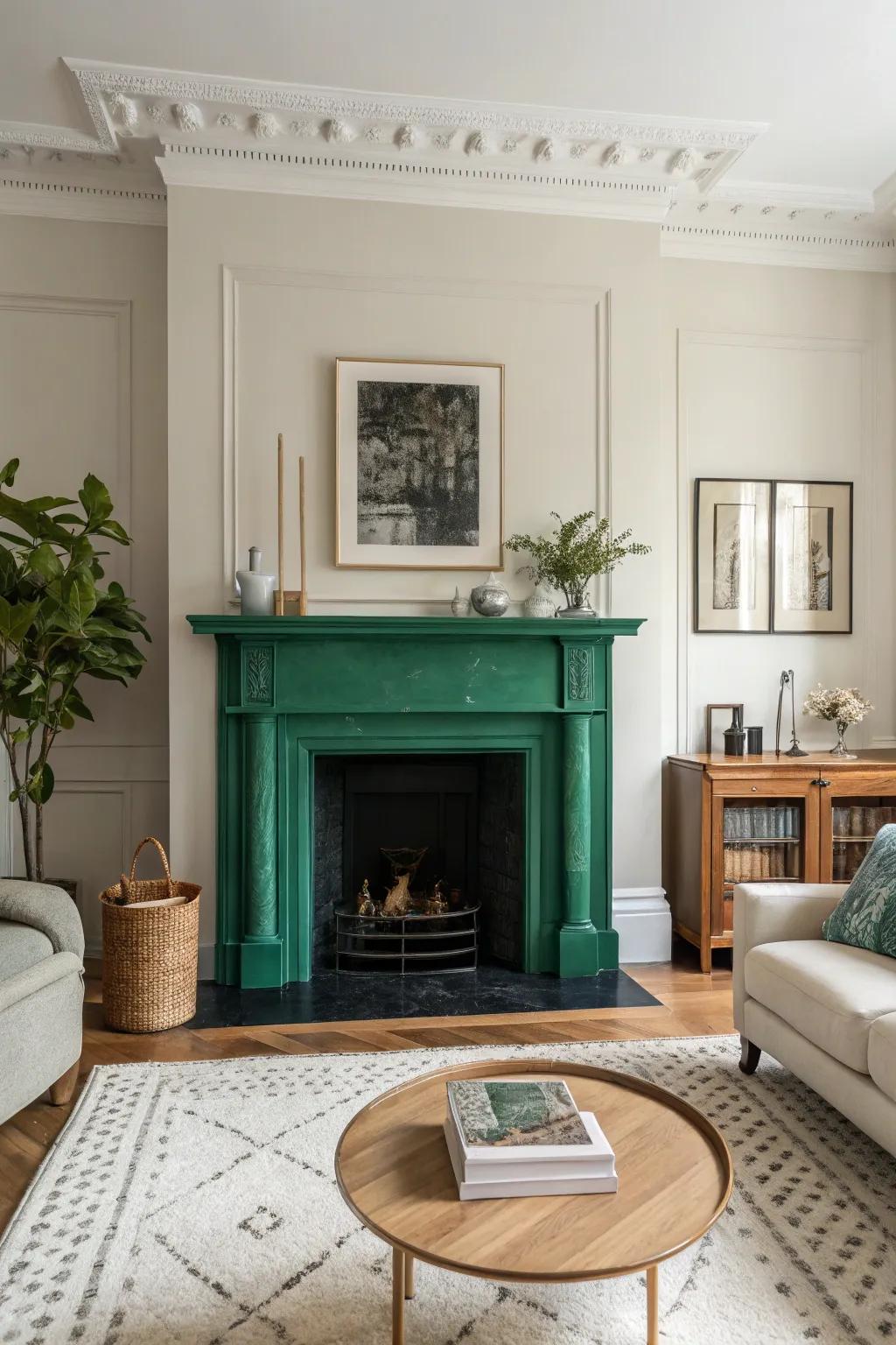 A bold emerald green fireplace surround in a minimalist living room.