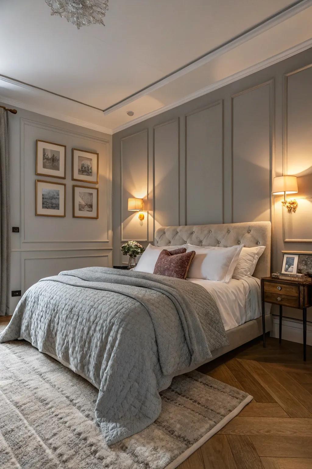 A cozy bedroom featuring a soft grey accent wall.