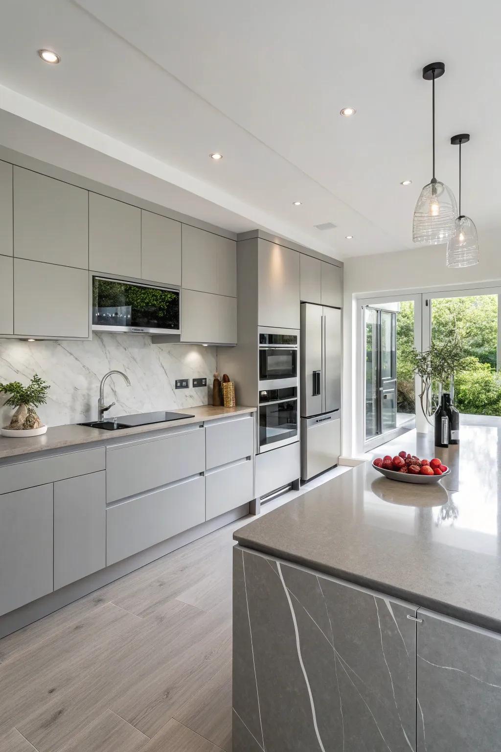 A modern kitchen featuring elegant grey quartz countertops.