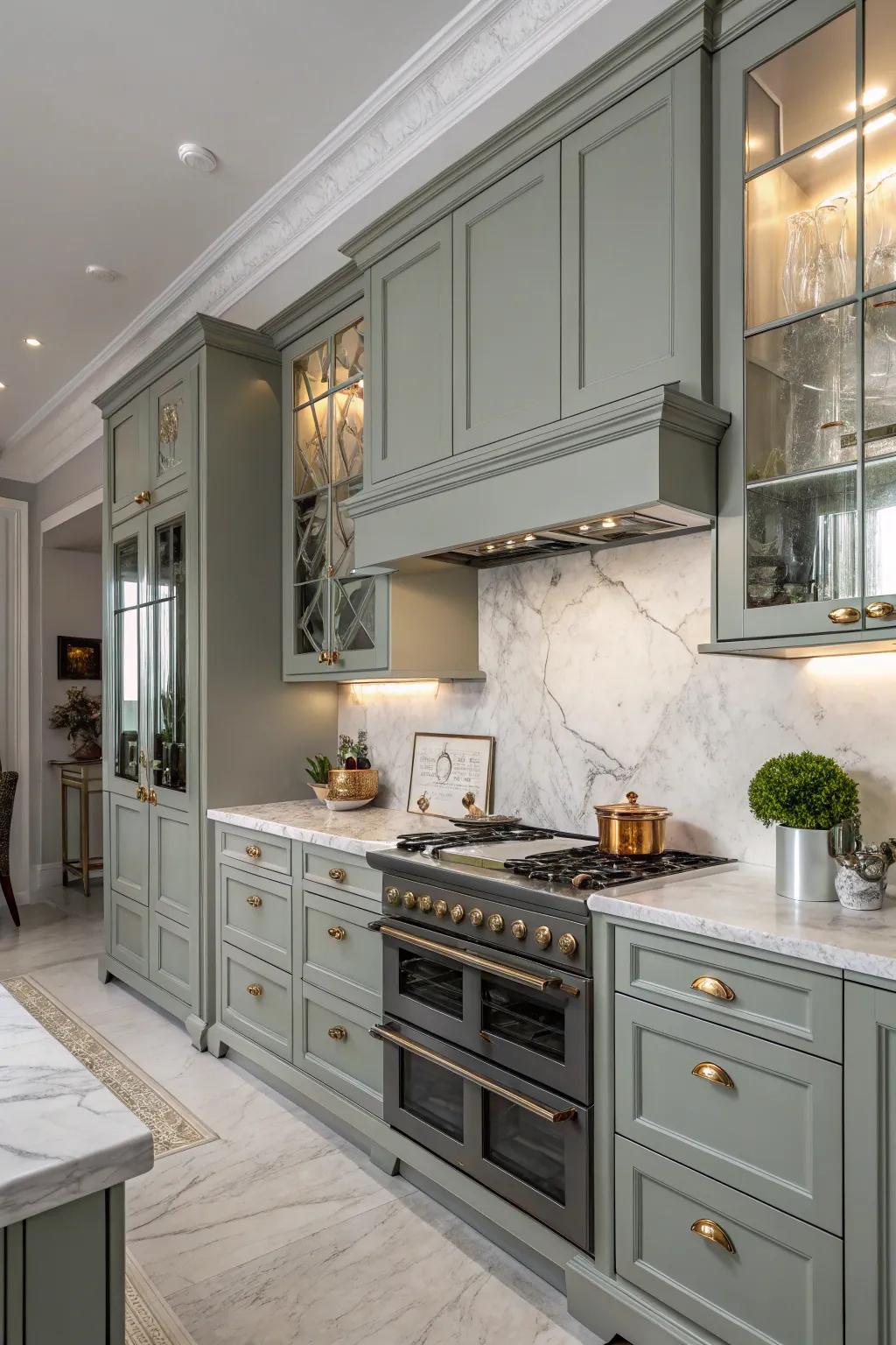 A classic kitchen with grey-green cabinets complemented by marble countertops.