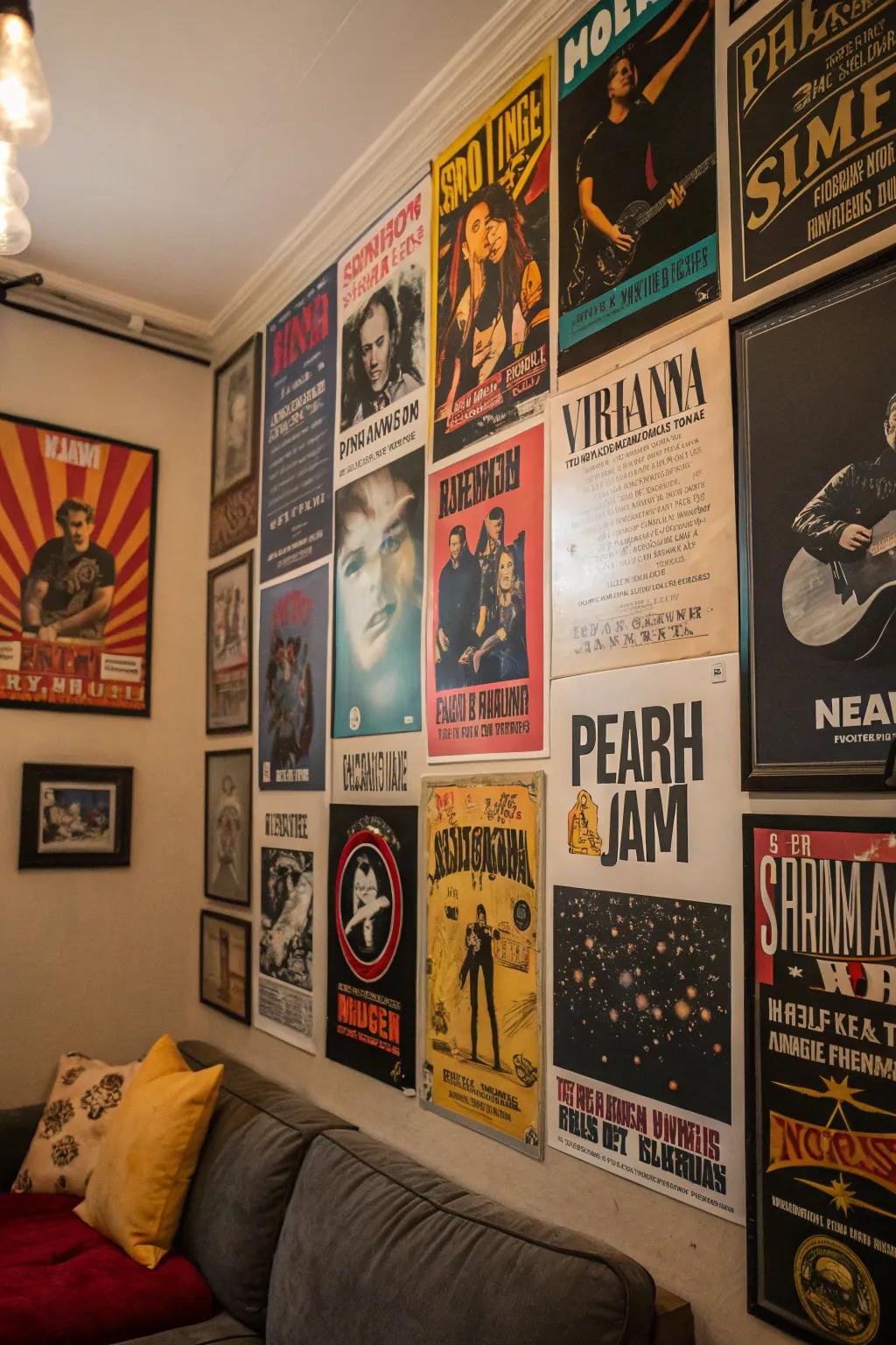 A wall adorned with iconic band posters instantly injects personality and edge.