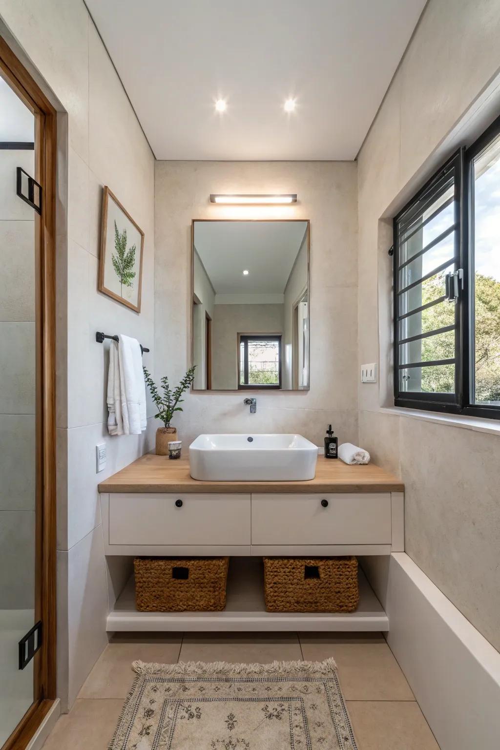 A minimalist bathroom is characterized by its sleek design and uncluttered lines.