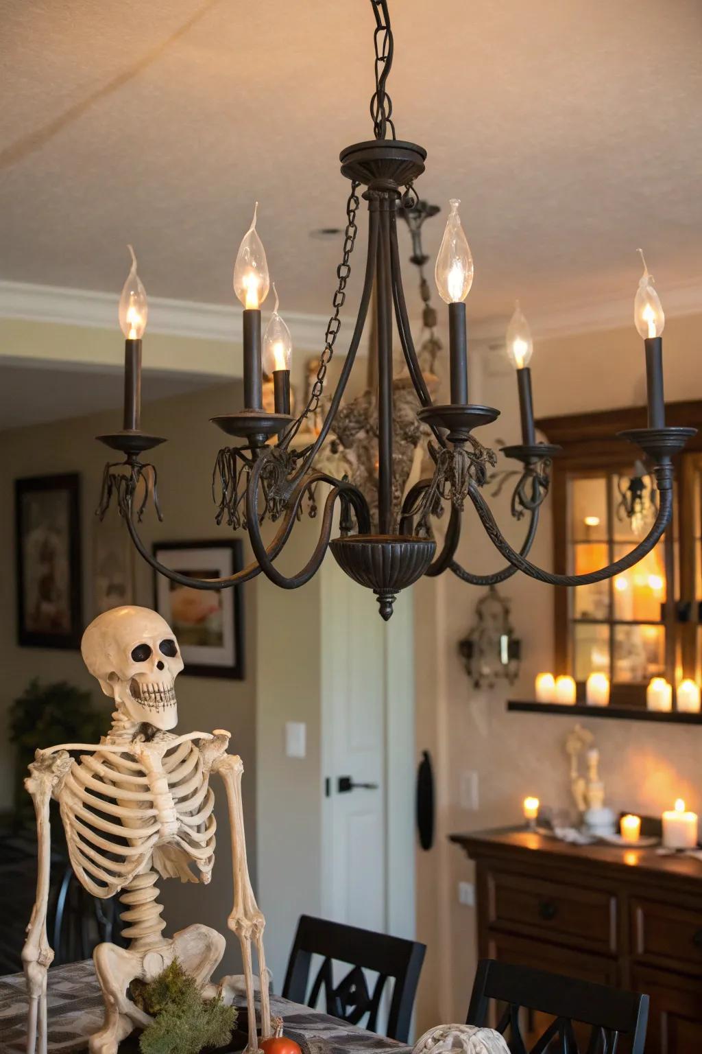 A skeleton dramatically converts a chandelier into a frightfully unique focal point.