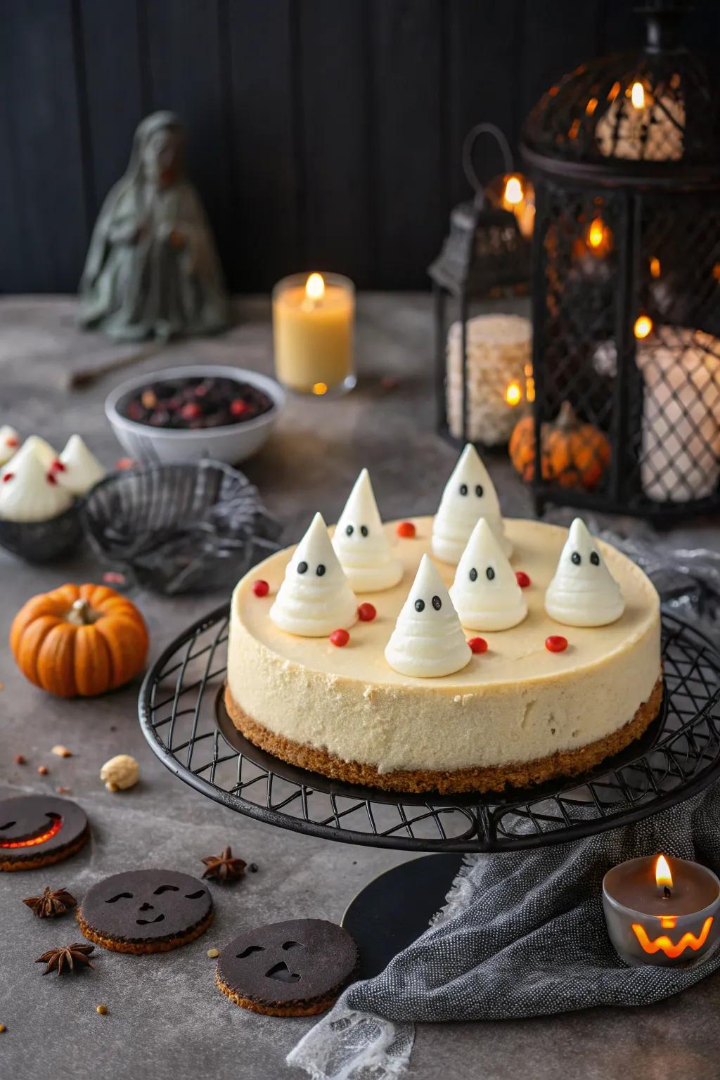 Ghostly figures bring a spooky charm to this cheesecake.