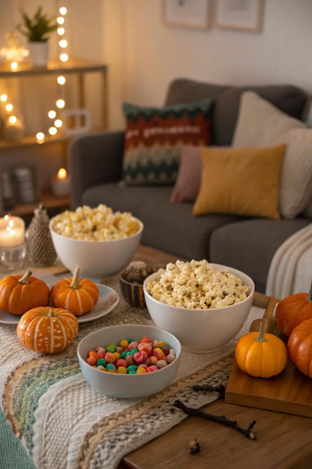 Pumpkin popcorn bar for a sweet and savory movie snack.