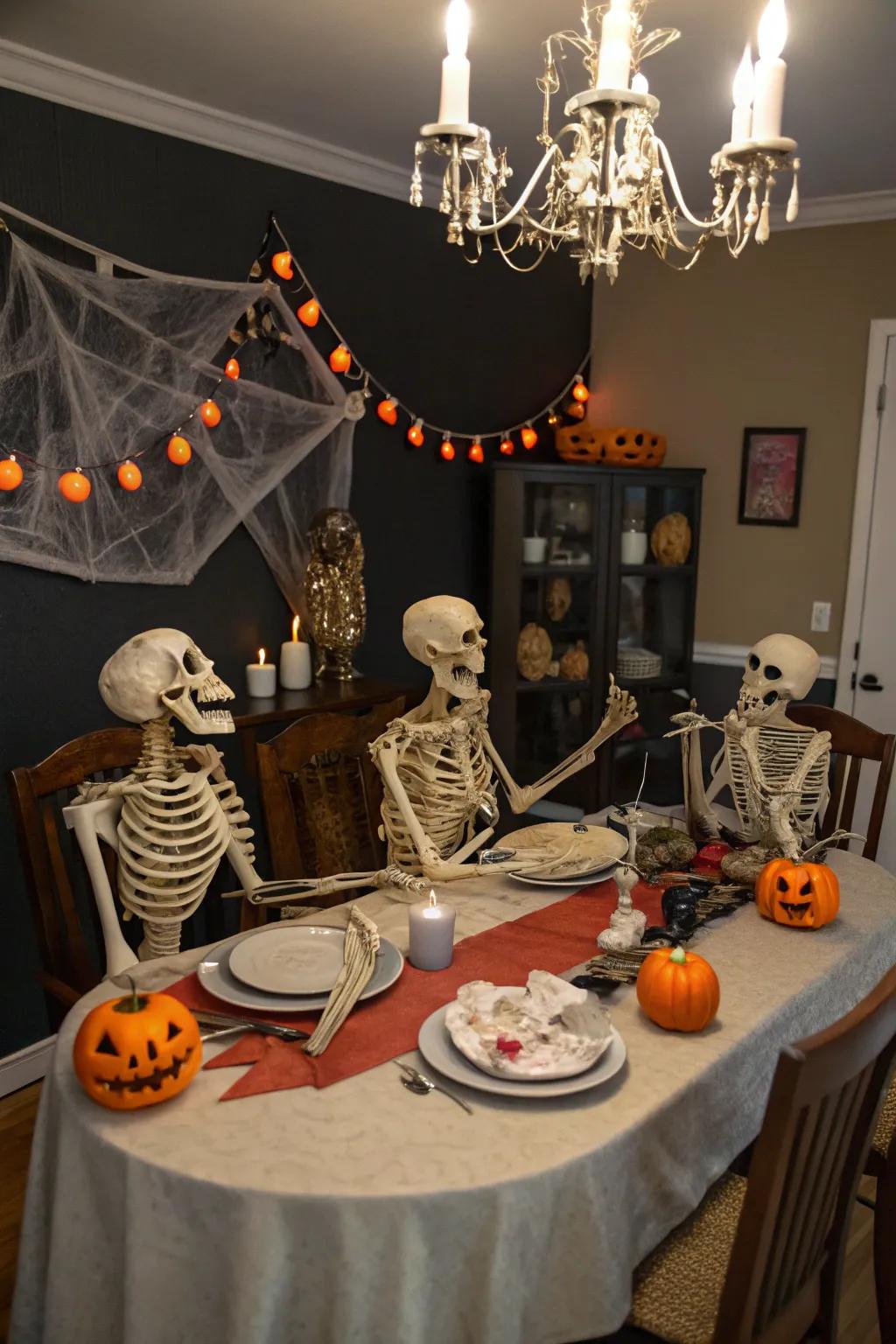 Skeleton family gathering brings warmth and humor to your Halloween decorations.