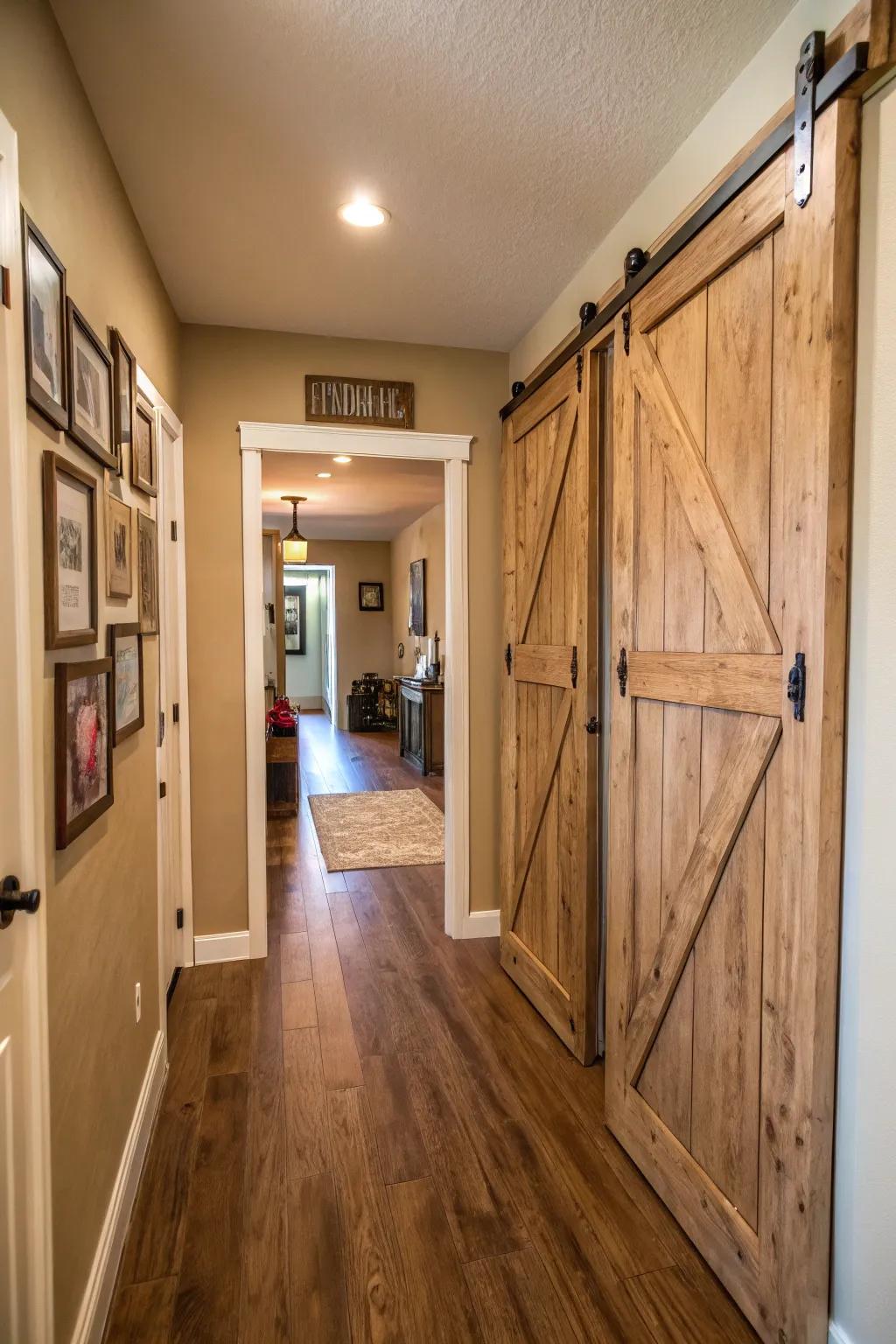 Bring country-style attraction into your hallway by utilizing barn-style doors.