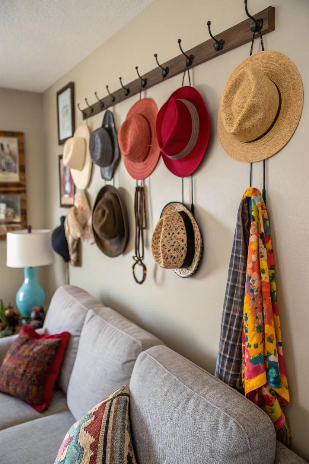 Create a chic hat gallery with wall hooks for a neat and organized display.