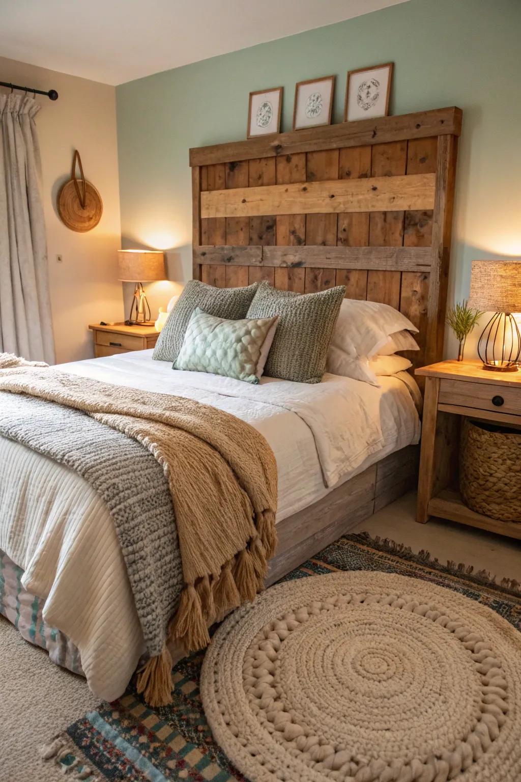 Rustic wood headboards add warmth and character.